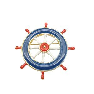 Nautical Ship Wheel Enamel Brooch Pin Red/Blue/White Gold-Tone Vintage